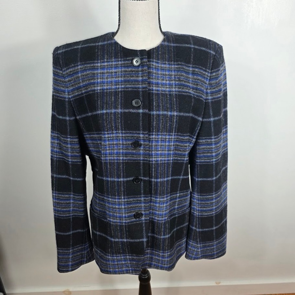 VTG CHAUS  Plaid Wool Blazer Jacket Womans Sz‎ 10 Blk/ Blue Academic News Girl